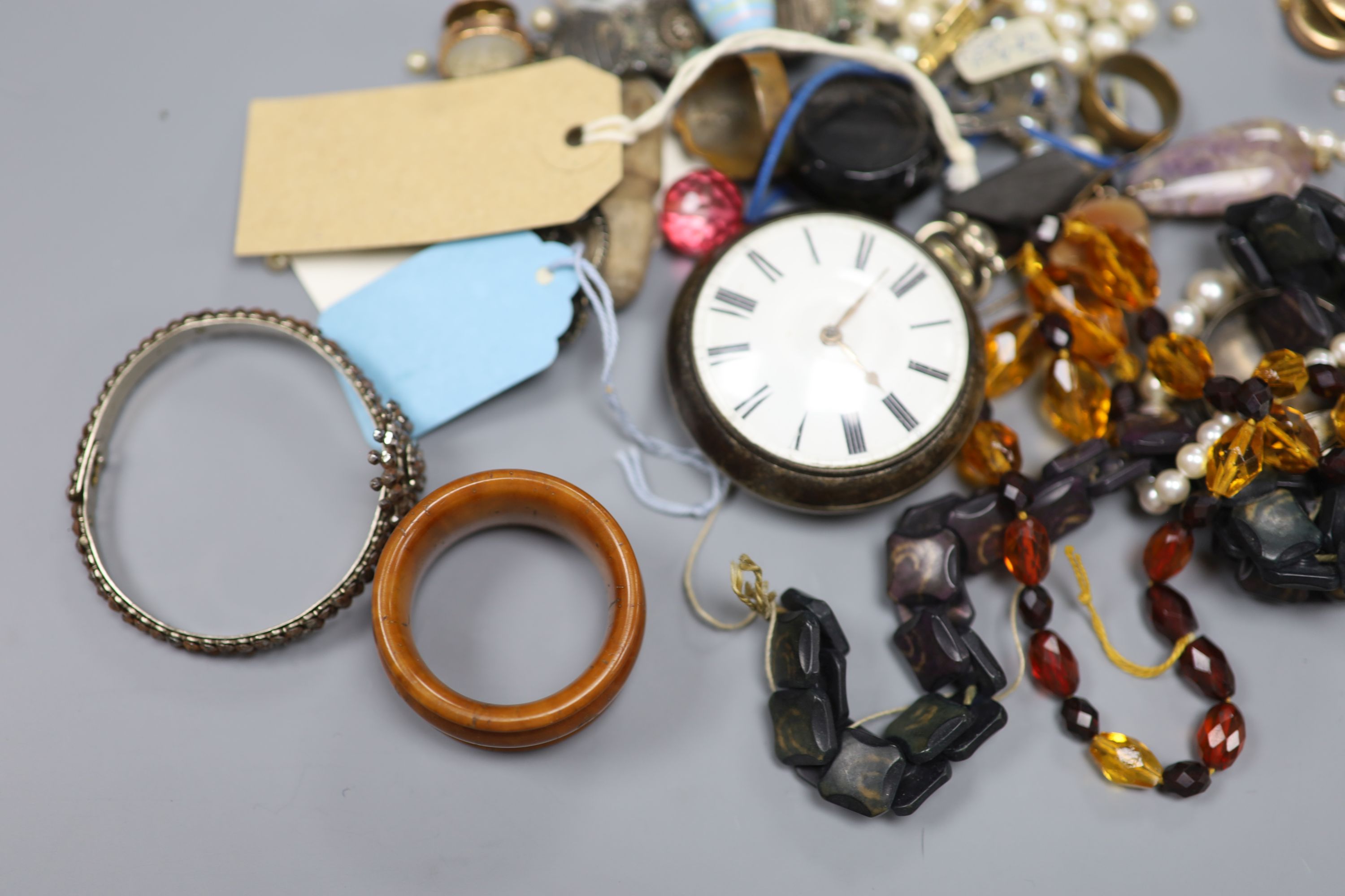 Mixed costume jewellery etc. including paste set giardinetto brooch, cut steel bangle, loose stones, silver pocket watch, etc.